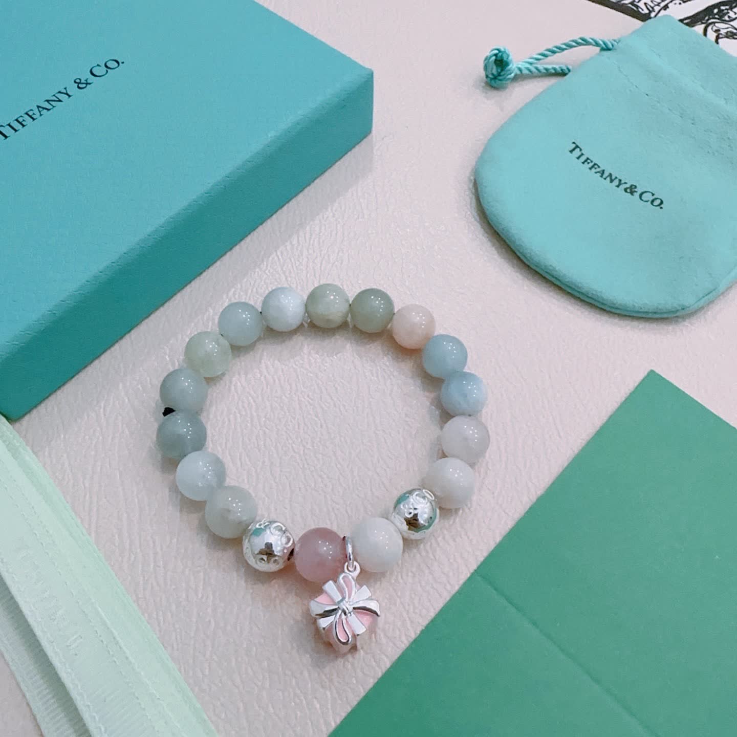 Tiffany & Co. Blue Agate Bead Bracelet with Sterling Silver Charms